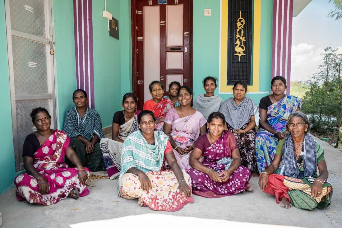 The members of Thendral Magalir Kullu, a self help group only for women chilli farmers at Mattiyarenthal village. Members use microfinancing, pooling their finances and lending it out to each member in turn every month--to gain access to a little more money that can go into buying seeds and equipment. Women farmers across the region join hands to help each other out and there are hundreds of such groups across villages.