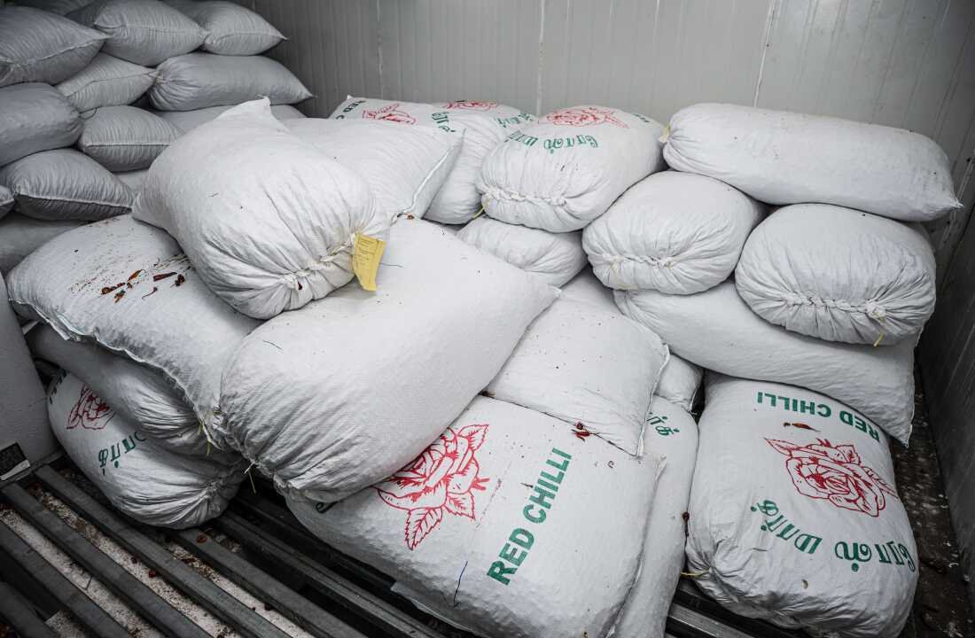 Sacks of mundu chiles fill a government-run cold storage unit in Ramanathapuram, Tamil Nadu. By having access to storage facilities at a nominal cost, chile farmers aren't entirely at the mercy of market forces.