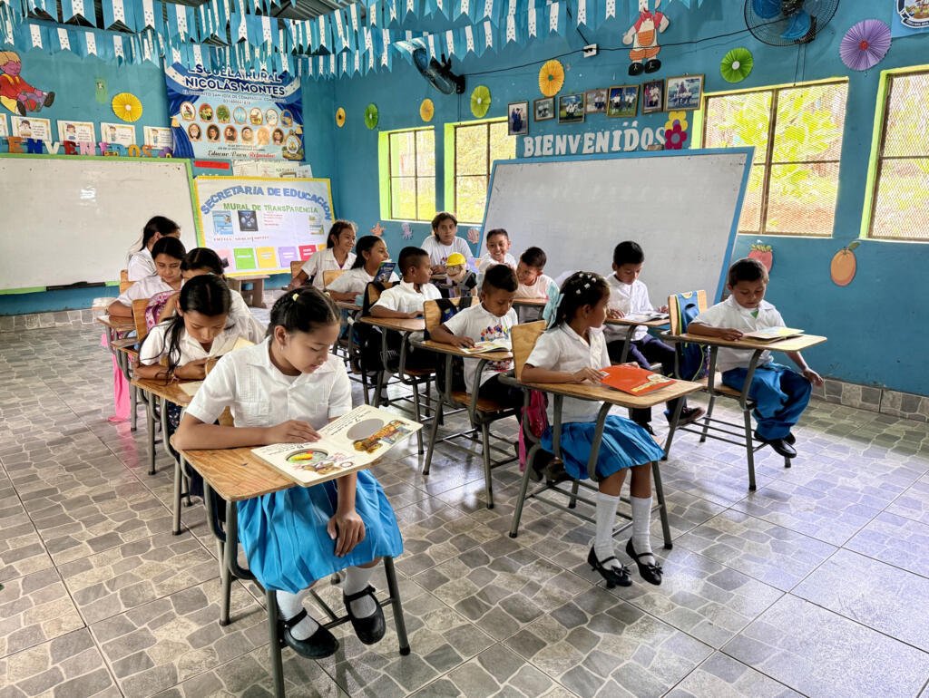 Des enfants de 6 à 11 ans lisent les livres apportés par l'association franco-hondurienne «Honduras Crecimiento». L'école rurale située dans la communauté de Taulabé n'a ni manuels scolaires ni bibliothèques pour enfants. Avril 2026.
