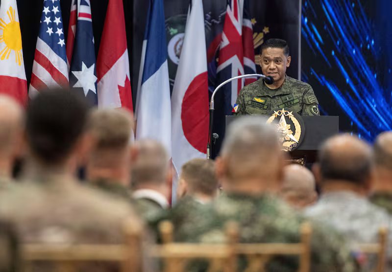 Armed Forces of the Philippines Chief of Staff Romeo Brawner Jr. speaks during the opening ceremony of the U.S.-Philippines "Balikatan" joint military exercises, Manila, Philippines, April 20, 2026.