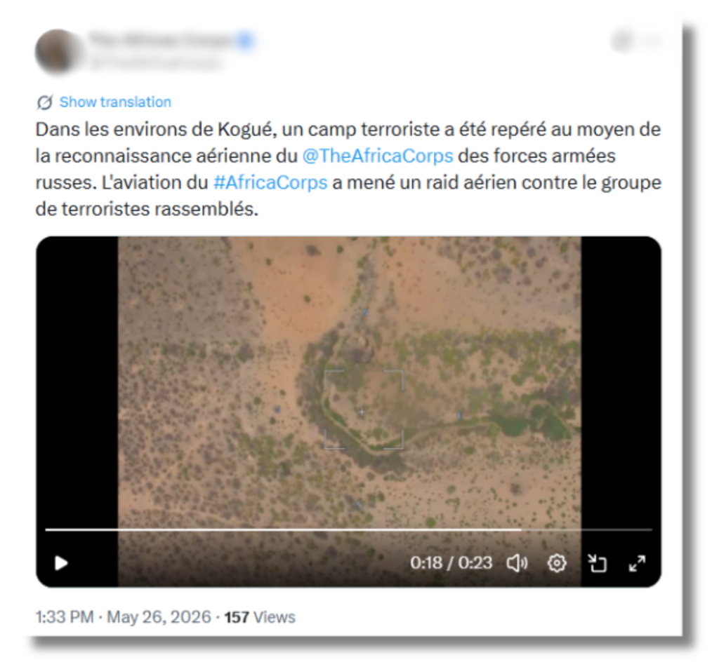 Sur ce compte X, la propagande russe au Mali, documente, le 26 mai, une frappe aérienne dans le secteur de Koulikoro, mais les images du bombardement sont moins attractives que celles de la fausse vidéo.