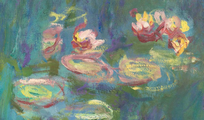 Claude Monet, Les Nymphéas : Reflets verts (détail), entre 1914 et 1926, Deux «panneaux» à l’huile accolés surtoile marouflée sur le mur, H. 200 ; L. 850 cm, ollection Musée de l’Orangerie, © GrandPalaisRmn (musée de l’Orangerie) / Hervé Lewandowski
