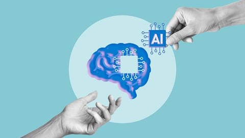 A hand removing an “AI” puzzle piece from a human brain, symbolizing the extraction of cognitive abilities and the integration of artificial intelligence into human thought processes.