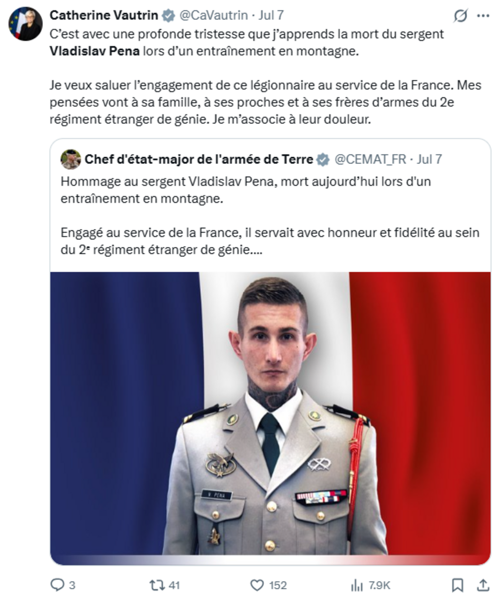 Capture des posts officiels consécutifs à la mort du Sergent Pena.