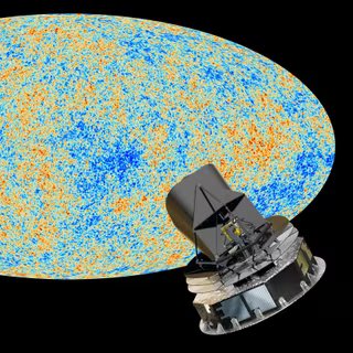 Une vue d'artiste du satellite Planck devant la carte des fluctuations de températures du fond diffus cosmologique, le rayonnement fossile du Big Bang. © ESA
